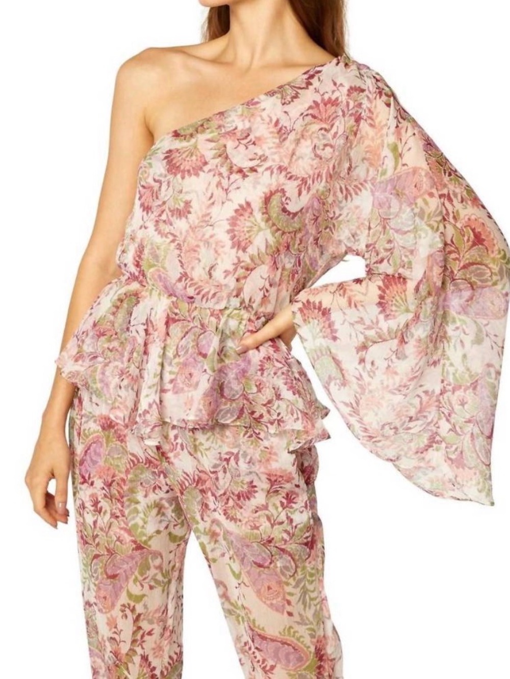 MISA LOS ANGELES Aurora Top in Rainbow Paisley One Shoulder Sheer Floral Top